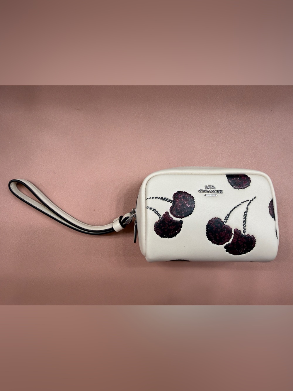 COACH Cream Wristlet with deep Red Cherry Print